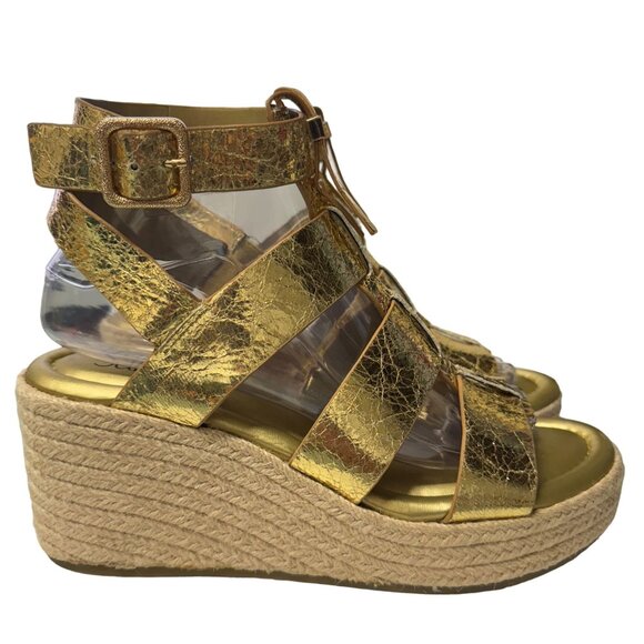 Franco Sarto Palms Espadrille Wedge Sandals Womens 8.5‎ M Gold Buckle Gladiator - Picture 1 of 16